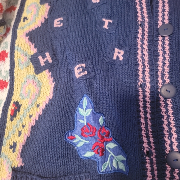 Vintage Sweater Cardigan Oversized Bohemian Colligate Style Blue Pink Yellow M - Picture 8 of 12